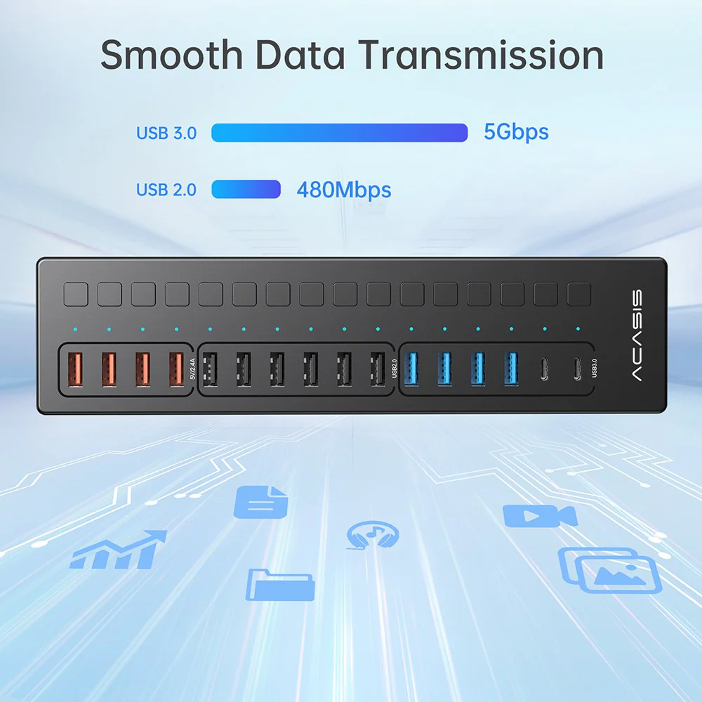 Acasis 16 Port USB-C 5Gbps Smart Charging Hub Splitter Powered Switch - Image 3
