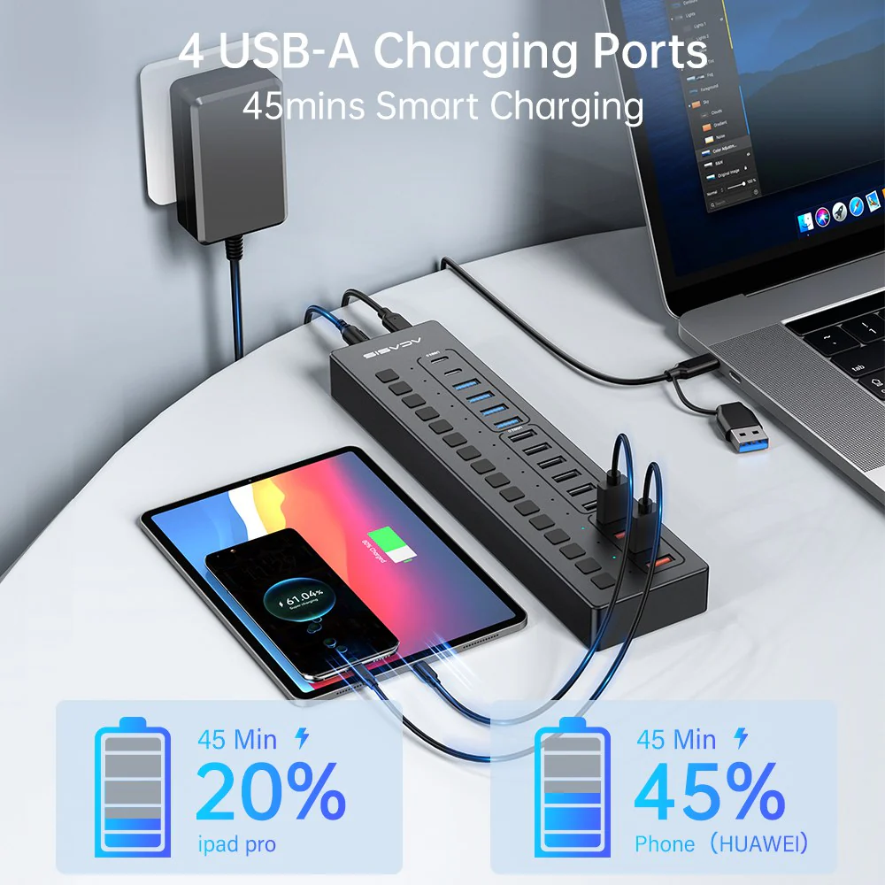 Acasis 16 Port USB-C 5Gbps Smart Charging Hub Splitter Powered Switch - Image 5