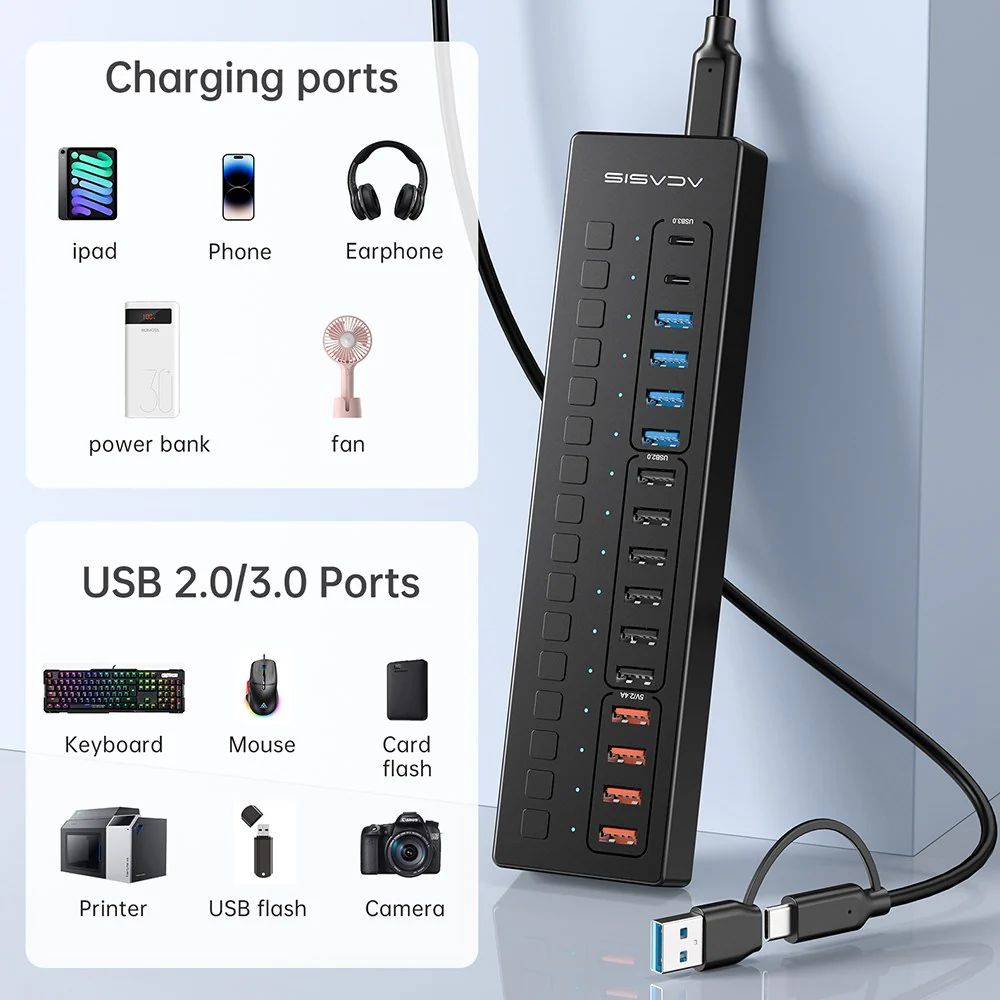 Acasis 16 Port USB-C 5Gbps Smart Charging Hub Splitter Powered Switch - Image 6