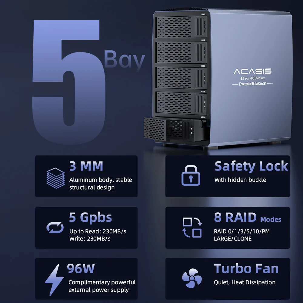 Acasis 5 Bay External Array 2.5/3.5 Inch USB to SATA HDD RAID Case - Image 3