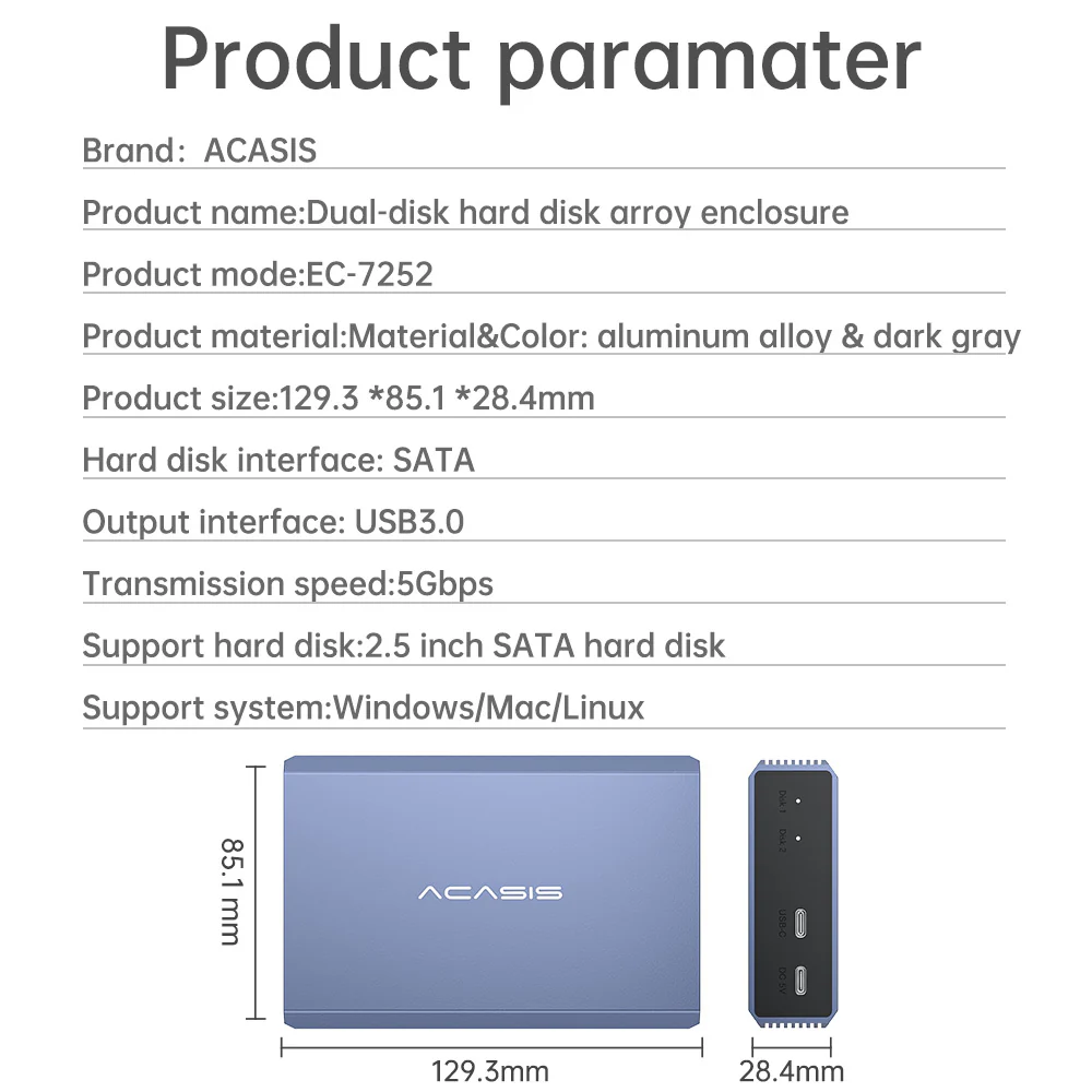 Acasis Dual Bay 2.5 Inch USB-C to SATA HDD SSD RAID Enclosure - Image 9
