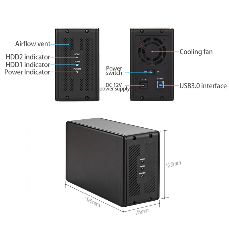 Acasis USB 3.0 2 Bays 3.5 Inch SATA Array Cabinet with RAID Function - Image 8
